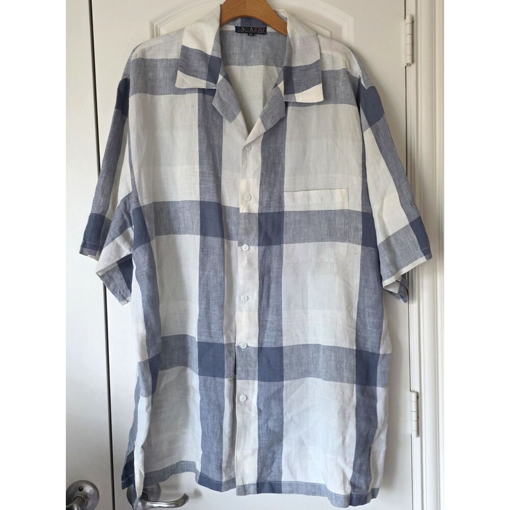 Bagazio 2XL 100% Linen Plaid Camp Shirt Men Casual Button Front Pocket Breathabl